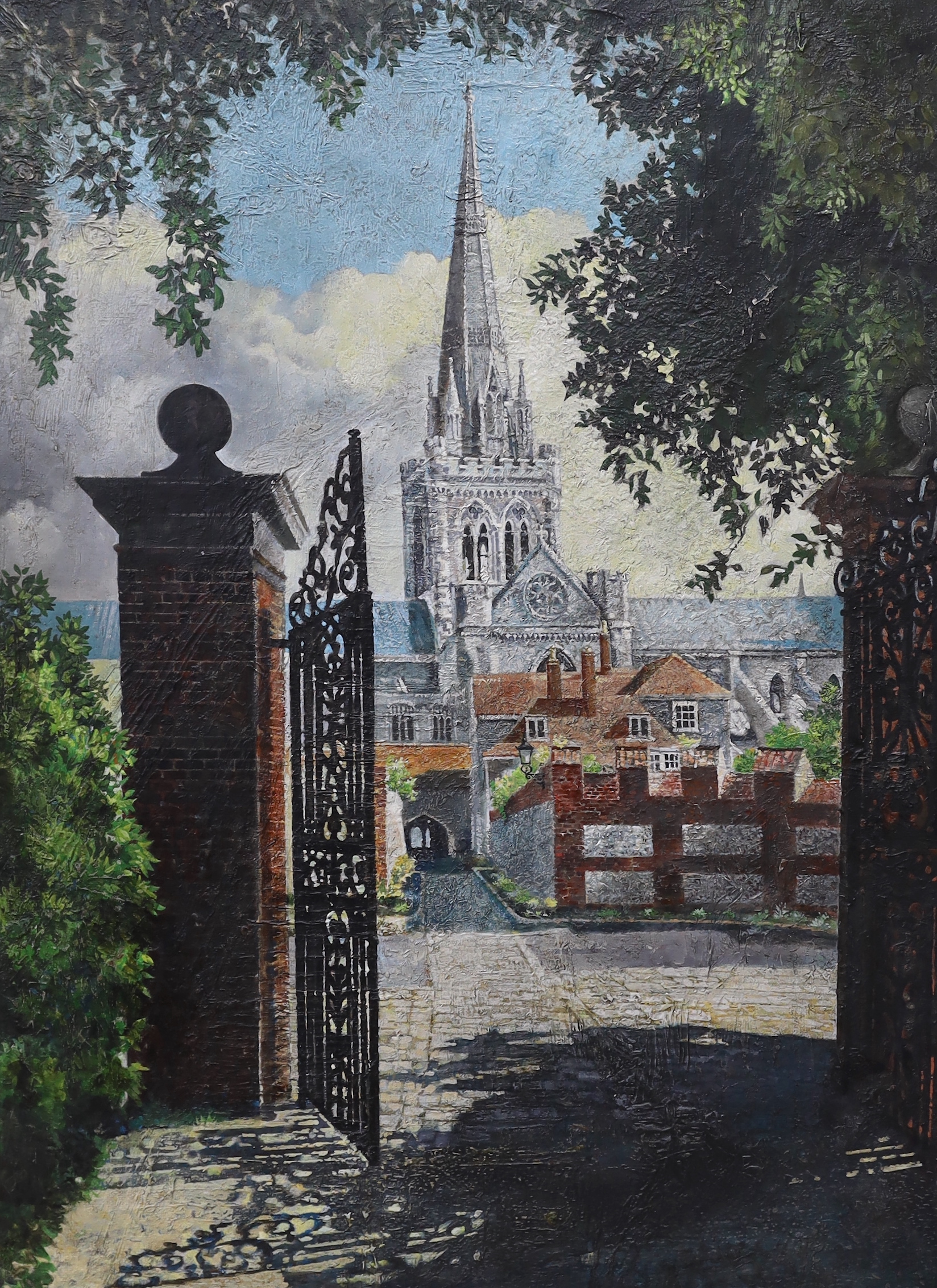 English School, oil on board, Cathedral viewed through a gateway, 92 x 68cm